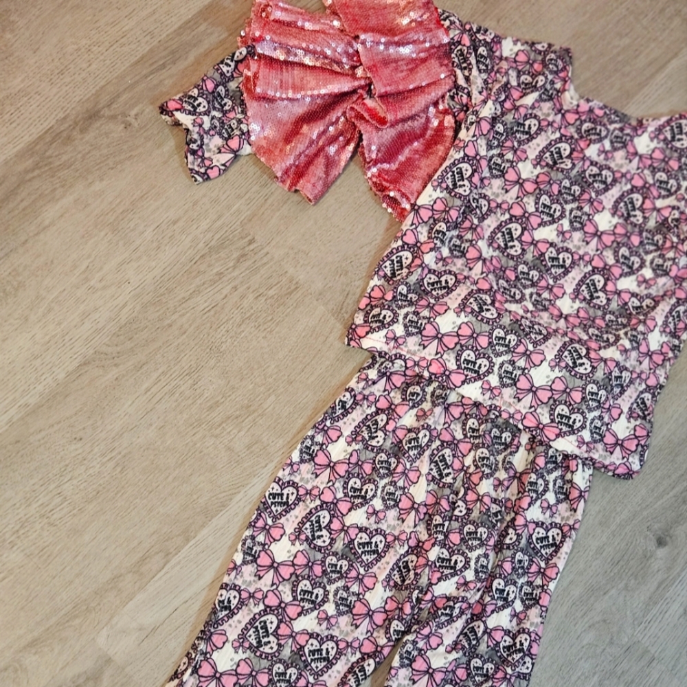 Beautiful handmade pink top heart sequin bell bottom ruffle outfit
